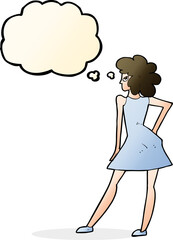 cartoon woman posing in dress with thought bubble