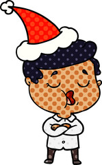 comic book style illustration of a man talking wearing santa hat