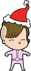 line drawing of a girl wearing futuristic clothes wearing santa hat