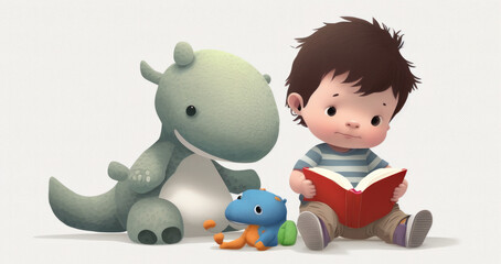 The light background made the scene of the little kid reading and the dinosaur toy more vivid. Generative AI
