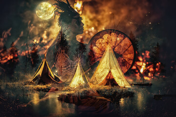 indian teepee standing in beautiful night landscape and shaman woman. Collage of digital art and real photos. © jozefklopacka