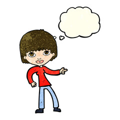 cartoon woman pointing with thought bubble