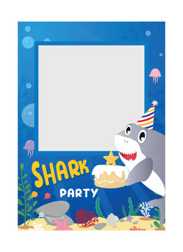 Shark party photo frame background. Undersea kids Birthday party poster template. Cute Cartoon vector illustration with shark holding a cake. Flat style selfie frame concept concept