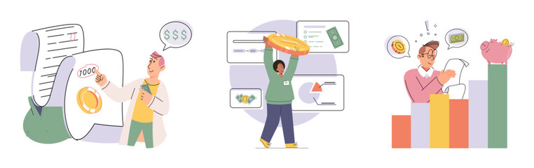 Set of people analyzing personal or corporate budget. Concept of finance accounting and calculation of financial income and expenses report. Financial consultant with document for tax computation