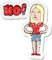 retro distressed sticker of a cartoon woman saying no