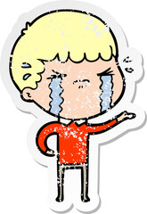distressed sticker of a cartoon man crying