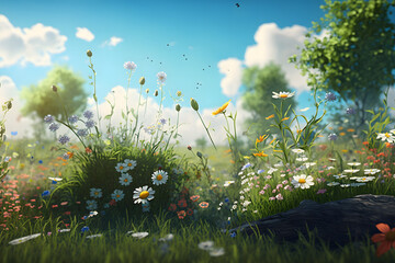 Illustration of a many flower in meadow spring with clear blue cloud sky