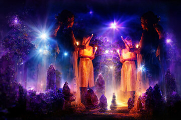 Fototapeta na wymiar Women at the night ceremony in magic beautiful crystal heaven. Collage of digital art and real photos.