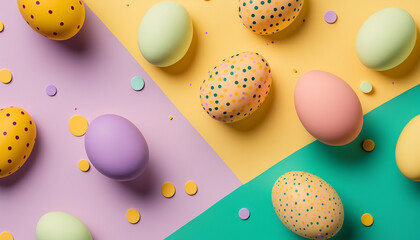 Fototapeta na wymiar colorful easter eggs on pastel background on easter day, AI generative