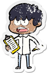 distressed sticker of a worried cartoon boy