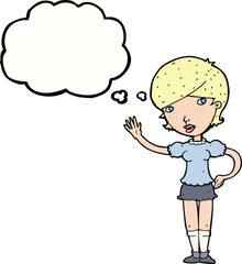 cartoon girl waving with thought bubble