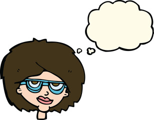 cartoon woman wearing spectacles with thought bubble