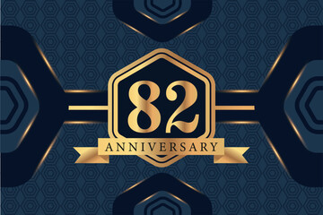 82nd year anniversary celebration luxury golden logo vector design with black elegant color on blue abstract background 