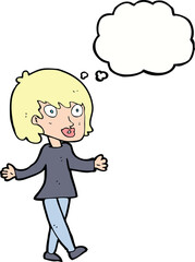 cartoon woman with open arms with thought bubble