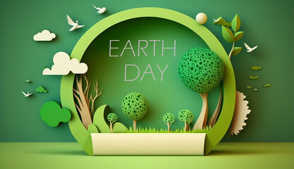 Green paper cut design to be world and forest with cute design to encourage saving world. Earth day, Sustainability concept. AI generative