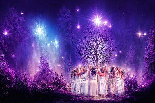 Women in flower wreath in magic night forest. Floral crown, symbol of summer solstice. Collage of digital art and real photos.