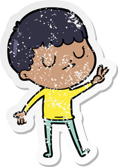 distressed sticker of a cartoon grumpy boy