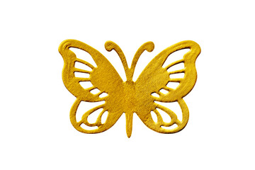 Golden paper butterfly isolated on transparent background top view. Paper butterfly insects as an element for design.