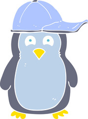 flat color illustration of a cartoon penguin wearing hat