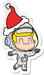 happy sticker cartoon of a astronaut man wearing santa hat