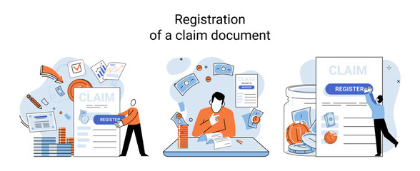 Registration of claim form register document, providing personal information, income information vector set. Tax filing, employer form, earnings statement documents, online software abstract metaphor