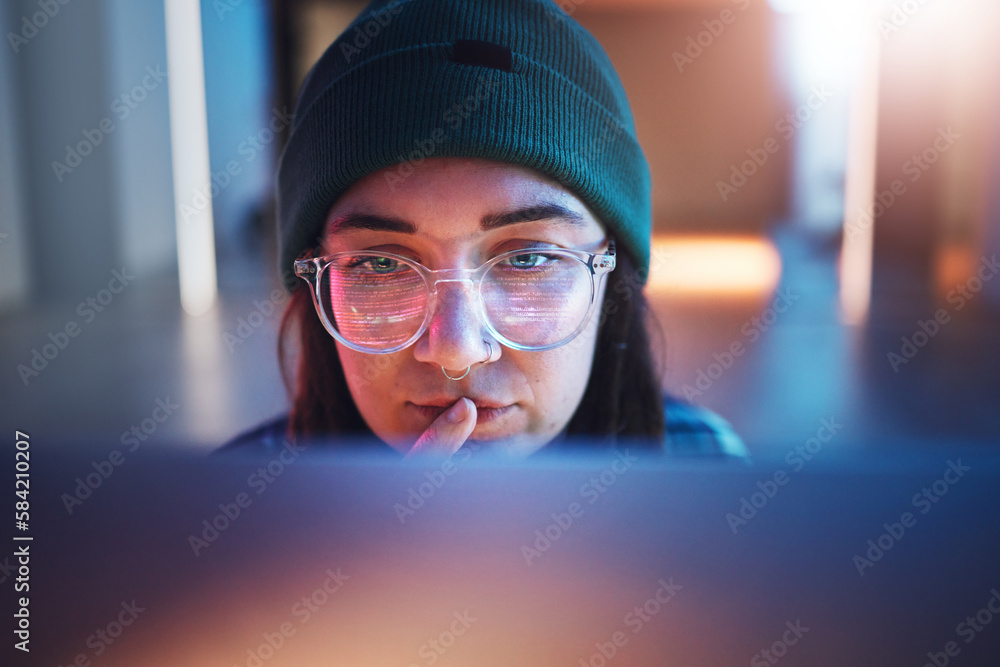 Poster Cybersecurity, ransomware and woman hacker working on a computer in the basement at night for phishing. Database, password and malware with a female coder hacking a digital transformation network