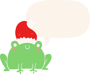 cute cartoon christmas frog and speech bubble in retro style