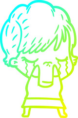 cold gradient line drawing cartoon woman crying