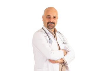 Transparent png portrait of Trustworthy and reliable doctor. caucasian European bald middle aged  male physician  standing over isolated white background, wearing hospital medical  coat. Smiling.