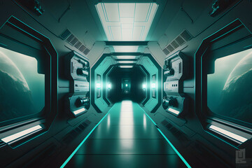 Obraz premium Futuristic Long Hallway of Spaceship with Blue-Green Light - Panoramic View, Generative AI