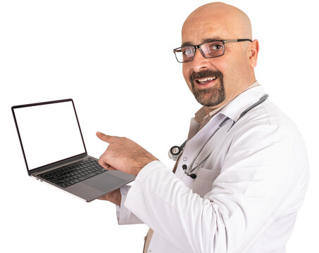 Doctor pointing empty screen of modern laptop for advertising concept idea.  Transparent png image of physician  wearing coat and holding notebook. Looking camera recommending, offering, online.