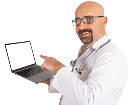 Doctor pointing empty screen of modern laptop for advertising concept idea.  Transparent png image of physician  wearing coat and holding notebook. Looking camera recommending, offering, online.