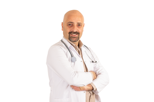 Transparent png portrait of Trustworthy and reliable doctor. caucasian European bald middle aged male physician standing over isolated white background, wearing hospital medical coat. Smiling.
