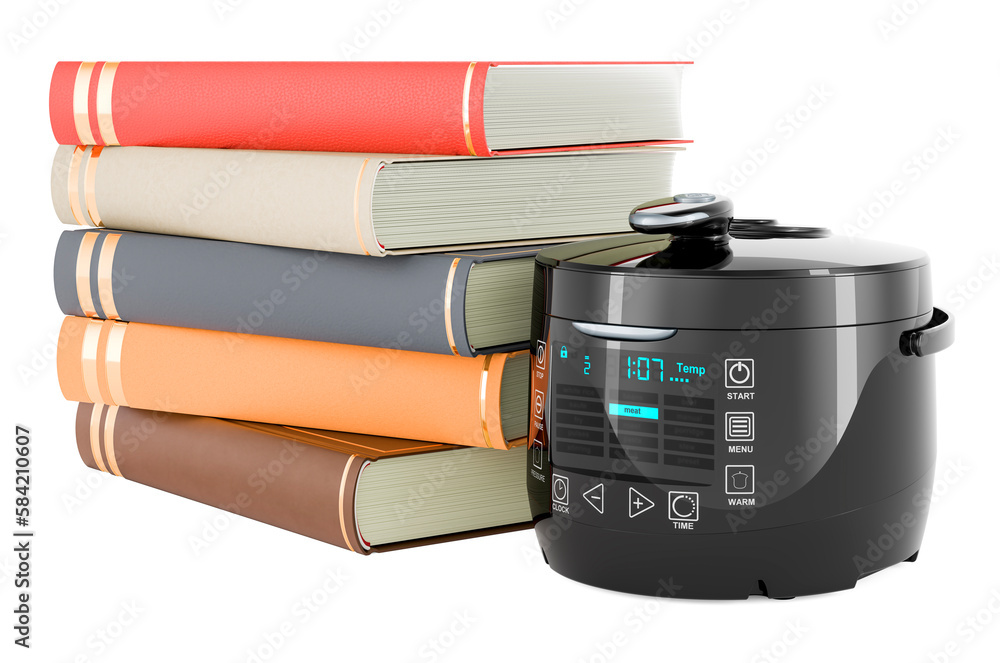 Poster cookbooks with automatic multicooker, 3d rendering