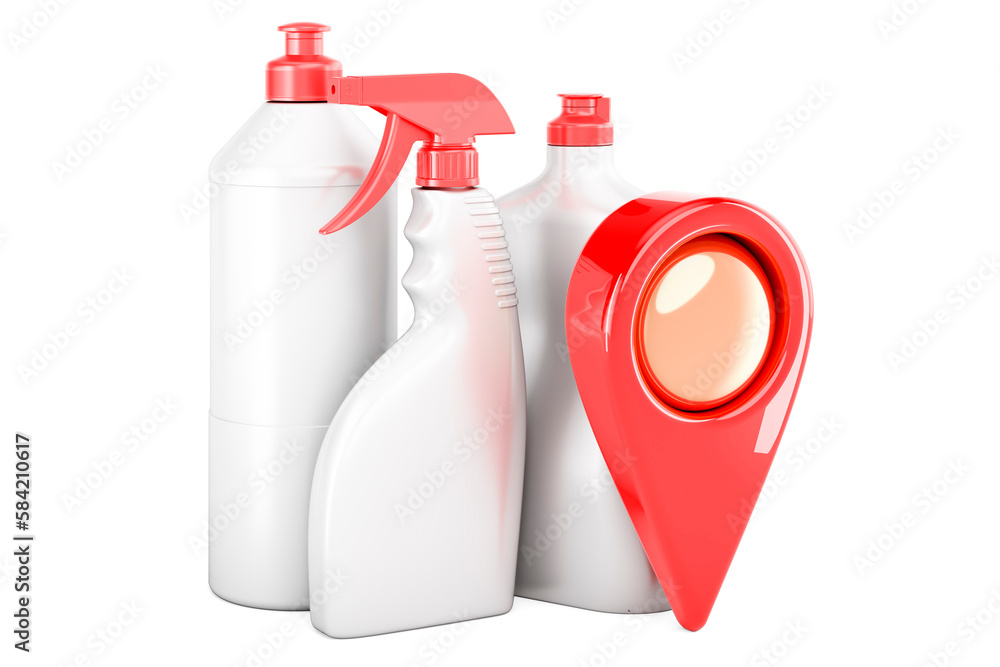 Poster detergent, cleaning products with map pointer, 3d rendering