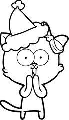 line drawing of a cat wearing santa hat