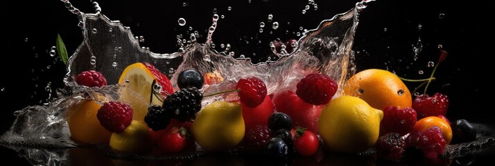 Fototapeta na wymiar Wide banner background with fruits and splashes of water. Isolated food wallpaper generative ai
