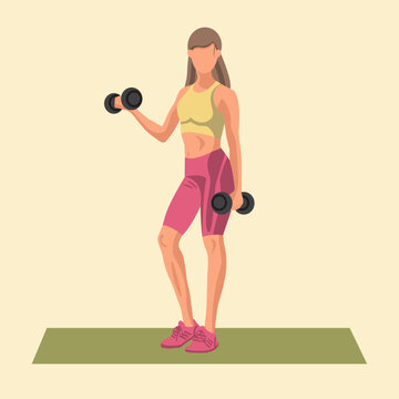 Faceless fitness Caucasian woman in sportswear standing on a fitness mat and doing a workout with the dumbbells. Workout and sports training concept. Vector illustration