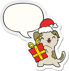 cute cartoon puppy and christmas present and hat and speech bubble sticker