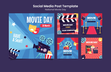 movie day icons set with popcorn bucket, Camera, Movie Ticket, Clapperboard concept on blue background. world film day illustration.