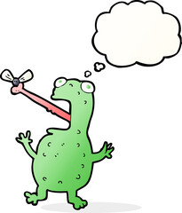 cartoon frog catching fly with thought bubble