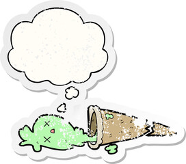 dropped cartoon ice cream and thought bubble as a distressed worn sticker