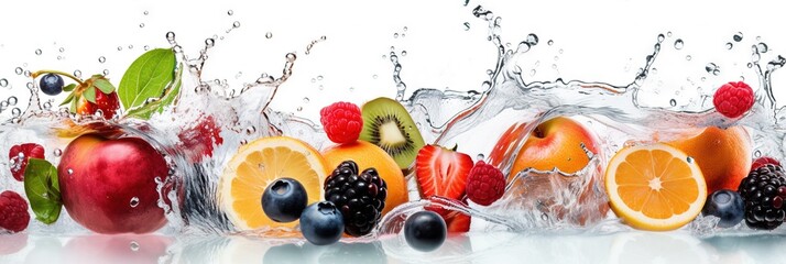 Wide banner background with fruits and splashes of water. Isolated food wallpaper generative ai
