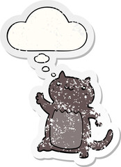 cartoon cat and thought bubble as a distressed worn sticker