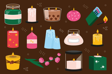 Various Candles set icons concept in the flat cartoon design in the brown background. Image of scented candles in various stands and jars. Vector illustration.