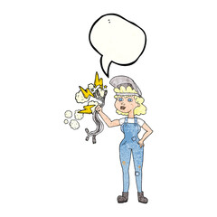 speech bubble textured cartoon electrician woman