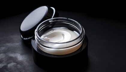 product shot of an open cosmetic jar of face cream on black table