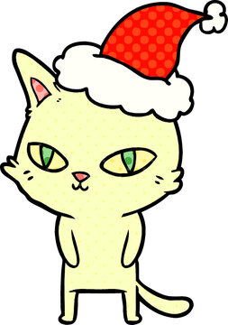 comic book style illustration of a cat with bright eyes wearing santa hat