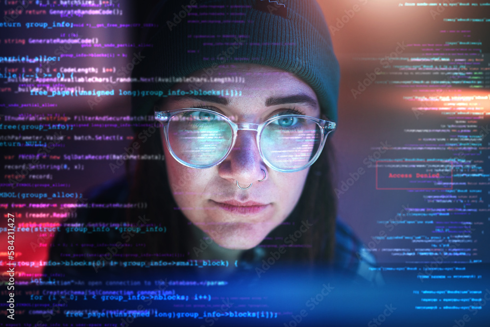 Poster Double exposure, code or woman hacker in dark room at night for coding, phishing or cybersecurity. Database, programmer or girl hacking online in digital transformation on ai cloud computing website