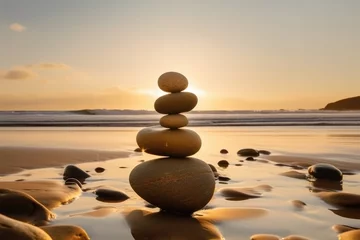 Foto auf Acrylglas stack of zen stones on the beach, sunset and ocean in the background © matteo